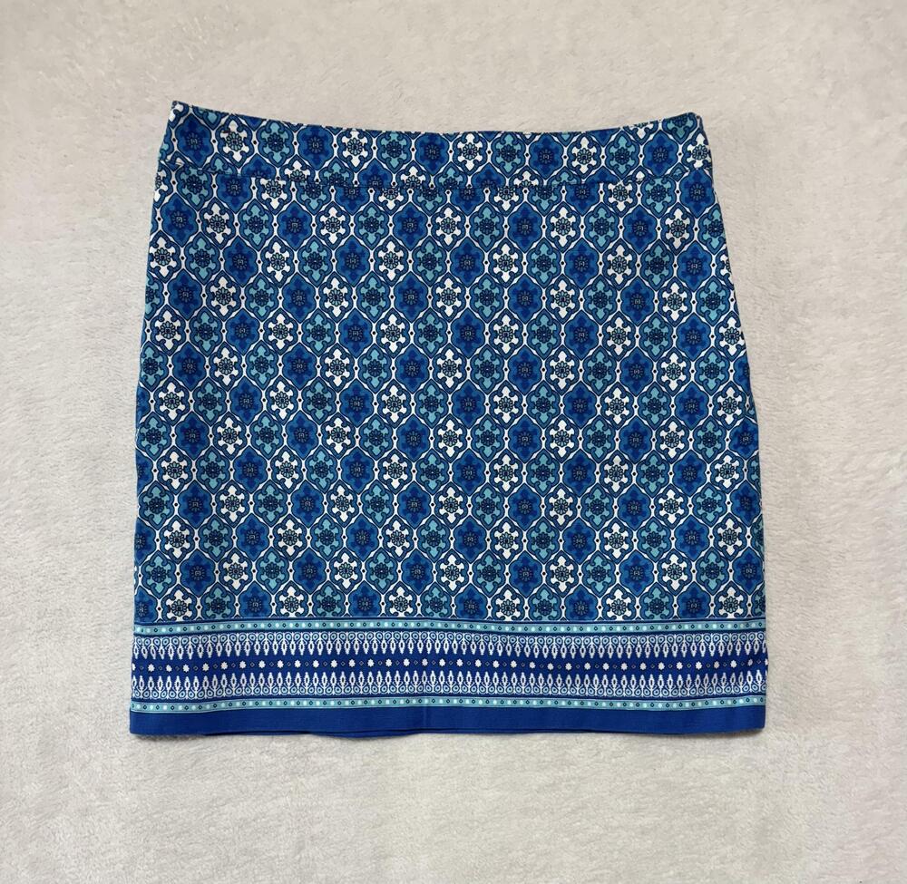 Talbots Skirt Womens 8 Blue White Geometric Print Lined Cotton Stretch Summer
